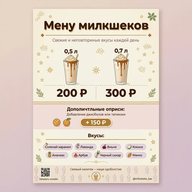 **Меню милкшейков**

Милкшейк 0,5 л — 200 рублей  
Милкшейк 0,7 л — 300 рублей  

**Дополнительные опции:**  
Добавление джусболов или тапиоки — 150 рублей  

**Вкусы:**  
- Соленая карамель  
- Лаванда  
- Вишня  
- Кокос  
- Ананас  
- Арбуз  
- Черный сахар  
- Манго