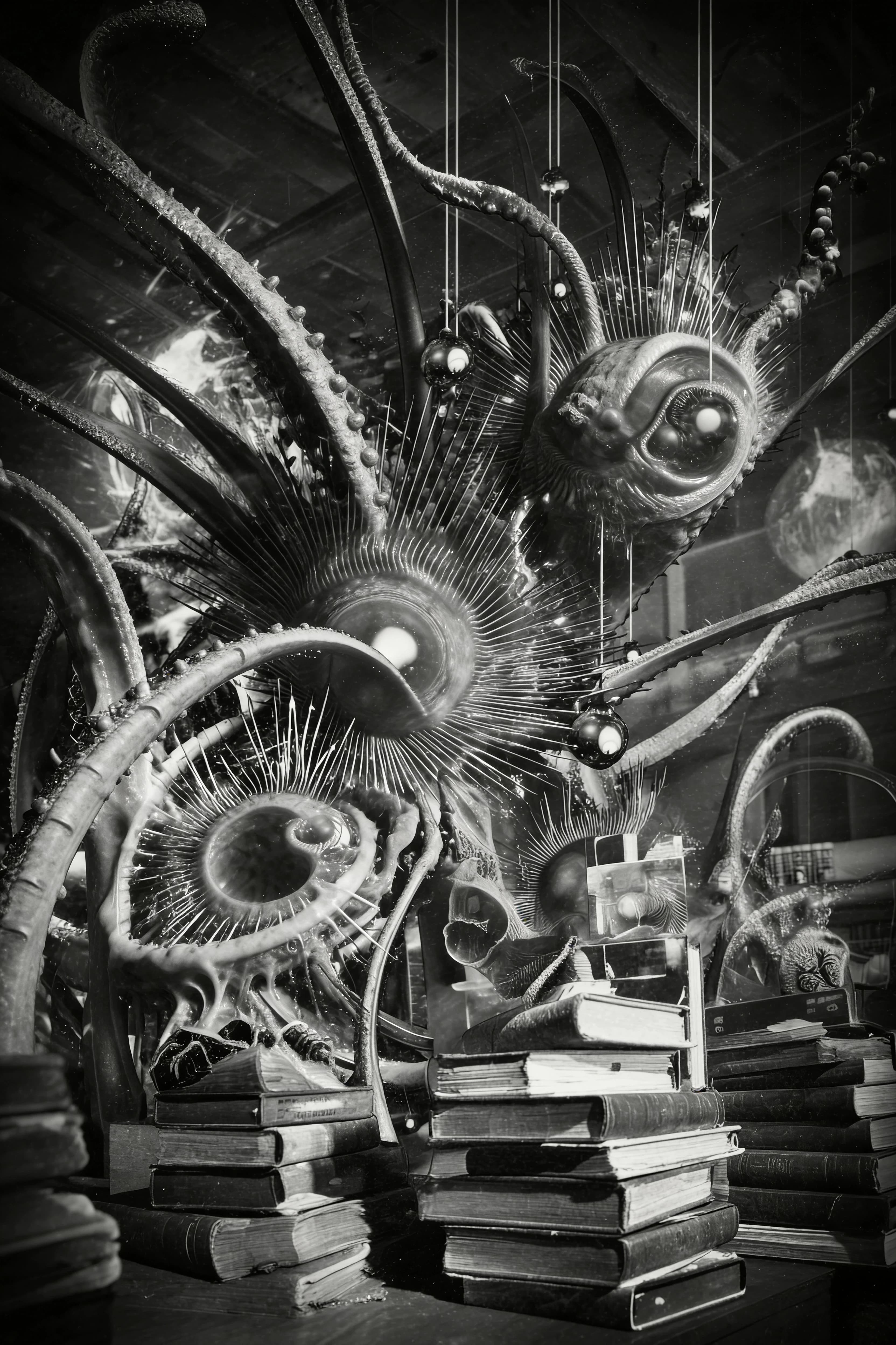Sci-fi weird fiction illustration. SCP Foundation world's aesthetic. Metamorphic anomalies. Invasive biotransformations. Biological refractions. Metastatic organic structures. Aesthetic of 1930s photographs. Photo-like realistic imitation of surfaces, textures, physical and optical effects and shapes.

Save the composition, perspective, angle, colors palette from the attached image. Follow exactly the style, genre, aesthetic, conception, idea described on the first paragraph. Correct repaint wrong and badly drawn elements on the image according to the main image composition and the promt of the first paragraph.