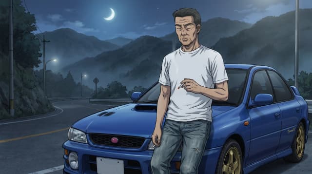 Initial D (Аниме), Бунта Фудзивара (мужчина средних лет, в белой футболке и в джинсах, короткие черные волосы, закрытые глаза, курит) стоит радом с синей Subaru Impreza WRX STi Type R Version V, стоит на горной дороге, на фоне японских гор, ночь с луной, шедевр, крупный план, стиль аниме с реалистичными деталями