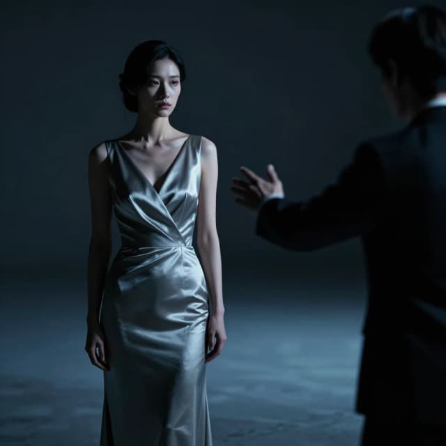 A woman standing alone, turned away from a man who is reaching toward her but cannot touch her. She is wearing an elegant dress, her posture proud, unyielding. Her face is half in shadow, her eyes cold and distant. The man behind her is blurred, out of focus, reaching — but she doesn't turn. Between them, cold empty space. Dark cinematic background, dramatic side lighting, deep shadows, cold blue and silver tones. Hyperrealistic dark fantasy portrait, photorealistic, emotional, symbolic. Vertical composition, no text. Mood: isolation, unbreakable boundary, the impossibility of reaching someone who has decided never to be reached.