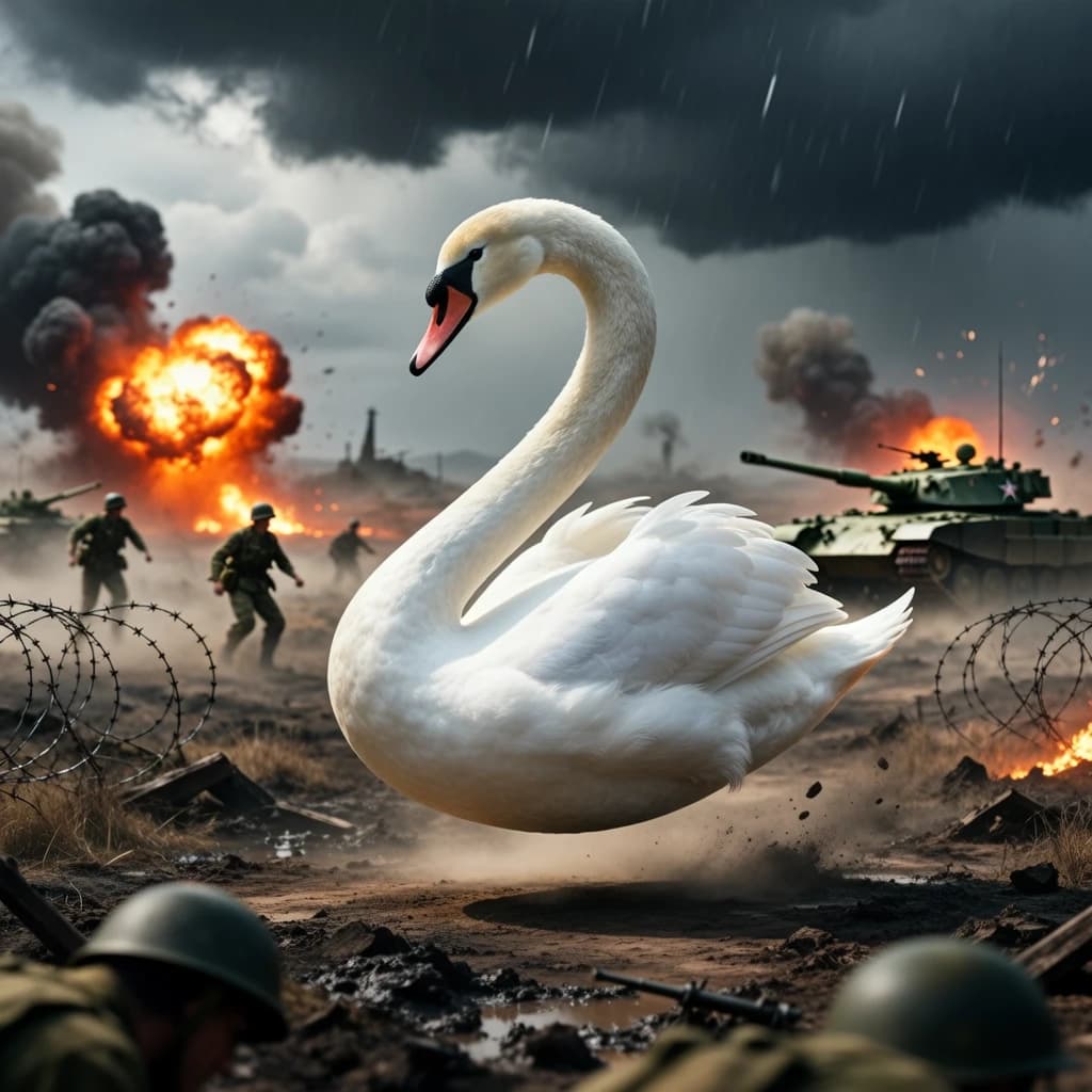 swan in the form of the letter z against the backdrop of a military battle