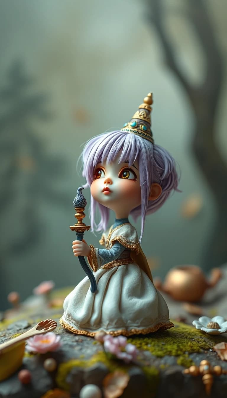 A fantasy disproportionately sized and asymmetrically positioned little high detail. soft background