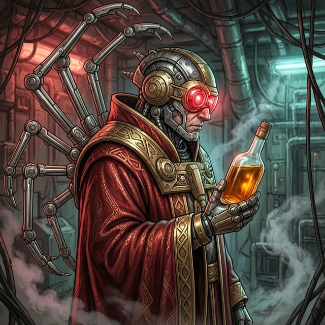 Digital art portrait, profile picture style, Adeptus Mechanicus Tech-Priest wearing ornate crimson liturgical robes with intricate mechanical details and brass fittings. Multiple sleek, metallic mechadendrites emerge from his back, their articulated claws delicately clutching a weathered glass bottle of glowing amber alcohol. The Tech-Priest's face is partially obscured by a complex, glowing red ocular lens and cybernetic augmentations. Setting: a grimdark, claustrophobic sub-level of a Hive World, filled with leaking pipes, hissing steam, tangled wires, and flickering industrial lights. Lighting: dramatic chiaroscuro, moody cinematic lighting with a strong red and teal color palette, caustic reflections from the liquid in the bottle. Composition: close-up shot, centered, shallow depth of field with a blurred, gritty industrial background. Mood: dark, atmospheric, solemn yet decadent. High detail, grimdark aesthetic, Warhammer 40k concept art style, highly textured metal and fabric.