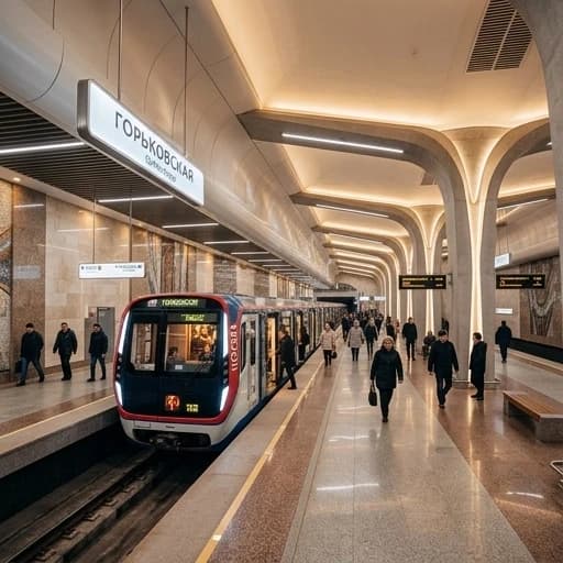 Сделай красивый и Современный проект для станции метро Горьковская  в Бийске, которая должна быть калонной с широкими боковыми платформами, а на одном из путей стоит поезд "81-765 "Москва"