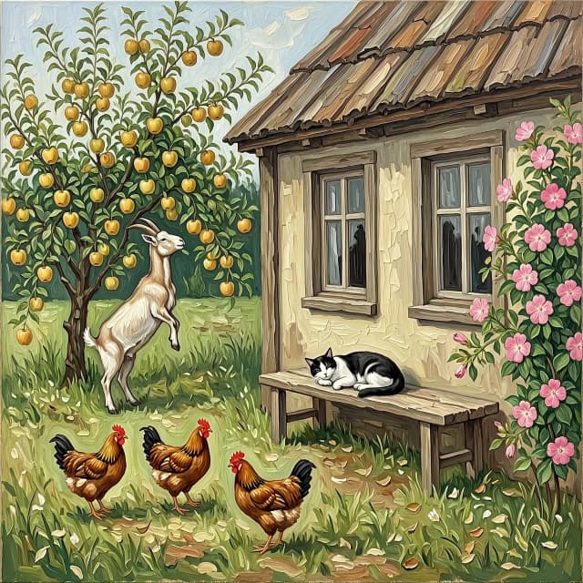 Рисунок маслом. Дом деревенский с двумя окнами. На заднем плане яблоня, коза стоит на задних лапах пытается достать верхнее яблоко. Перед окнами скамья без спинки, на ней спит кот. На углу дома цветет мальва. Гуляют  три курицы