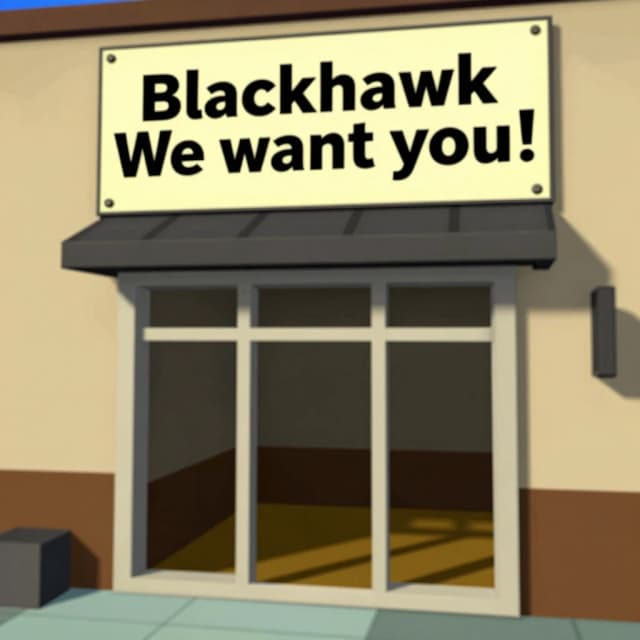 Стиль Роблокс игры Blackhawk Rescue Mission 5, плакат на стене, надпись на плакате "We want you!", заброшенный магазин