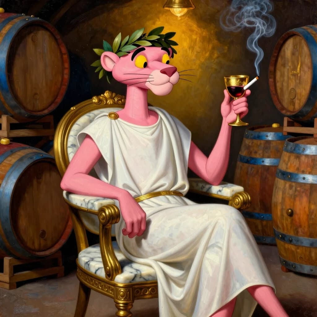 Розовая пантера точно из мультфильма «Pink Panter» , сидящая на античном греческом мраморном стуле, в белом развевающемся греческом одеянии, с лавровым венком на голове. В одной руке — золотой кубок с вином, в другой — зажжённая сигарета, вьётся дымок. Фон — тёмный винный погреб, деревянные бочки охристых и сине-серых тонов. Свет — тёплый, золотистый, падает сверху, создавая глубокие тени. Стиль — классическая масляная живопись с элементами поп-арта, насыщенные текстуры, атмосфера тайны и иронии. Палитра: тёплая охра, пыльный розовый, глубокий сине-серый, золотые акценты. —ar 3:2 —style raw —v 6.0