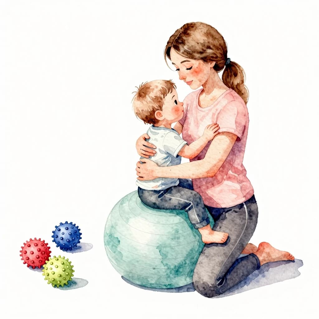 Watercolor painting: a Caucasian mom with light brown hair and a fair-haired toddler sitting on a fitball, hugging and bouncing together. Nearby are scattered colorful massage balls. Soft pastel tones, gentle lines, a feeling of coziness and safety.