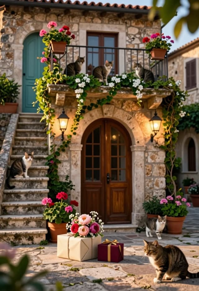 Photorealistic cinematic shot, 8K resolution, hyper-realistic style with a warm Mediterranean atmosphere—a charming stone house rendered with tangible textures and natural lighting.

Composition: a picturesque two-story stone building with a terracotta-tiled roof, centered in a tight medium shot. The facade features weathered beige stone blocks with visible mortar lines, subtle moss patches, and gentle aging. The arched main doorway frames a dark wooden door with a grid of small panes; to the left, a narrow staircase of rough-cut limestone steps leads up to a secondary teal-painted door.

Lush greenery and flowering plants are abundant: climbing vines drape over the balcony railing and archway, spilling cascades of ivy and small white blossoms; terracotta pots hold vibrant geraniums in shades of pink, red, and magenta; smaller planters line the steps and balcony, each with delicate trailing foliage and clusters of blooms. Vintage-style wrought-iron lanterns with warm glowing bulbs hang on either side of the main door, casting soft pools of light on the stone.

Additions for the scene:

Several cats (at least five) in various poses: one sitting regally on the top step, another curled on the balcony railing, a third peeking from behind a potted shrub, a fourth walking across the cobblestones near the door, and a fifth grooming itself beside a planter—each rendered with realistic fur texture, whiskers, and expressive eyes.
Two gift boxes near the main door: one medium-sized rectangular box wrapped in matte cream paper with a simple twine bow, and a smaller square box in deep burgundy with a gold ribbon; both show subtle creases and realistic paper texture.
A loose bouquet of garden flowers resting atop the medium-sized cream gift box: a casual arrangement of peonies, roses, and baby’s breath with slightly drooping stems and a few scattered petals, as if gently placed there moments ago.
Lighting: warm golden sunlight from a low afternoon angle, creating long soft shadows, highlighting the stone’s grain, the glossy leaves, and the cats’ fur. Subtle lens flare and a shallow depth of field keep the doorway and immediate foreground sharp while gently blurring the upper balcony and background.

Atmosphere: serene, inviting, and slightly nostalgic—a quiet moment in a sun-drenched courtyard where life unfolds naturally.

Focus: sharp on the door, the gift boxes, the bouquet atop the box, and the nearest cat; gradual soft blur toward the upper levels of the house.

Camera settings: 50mm equivalent lens, f/2.8, ISO 400, minimal motion blur, high micro-contrast to emphasize every stone edge, leaf vein, and whisker.

Style: photorealism with a painterly warmth—the textures and lighting feel like a masterful oil painting brought to life, yet every detail remains grounded in physical reality.