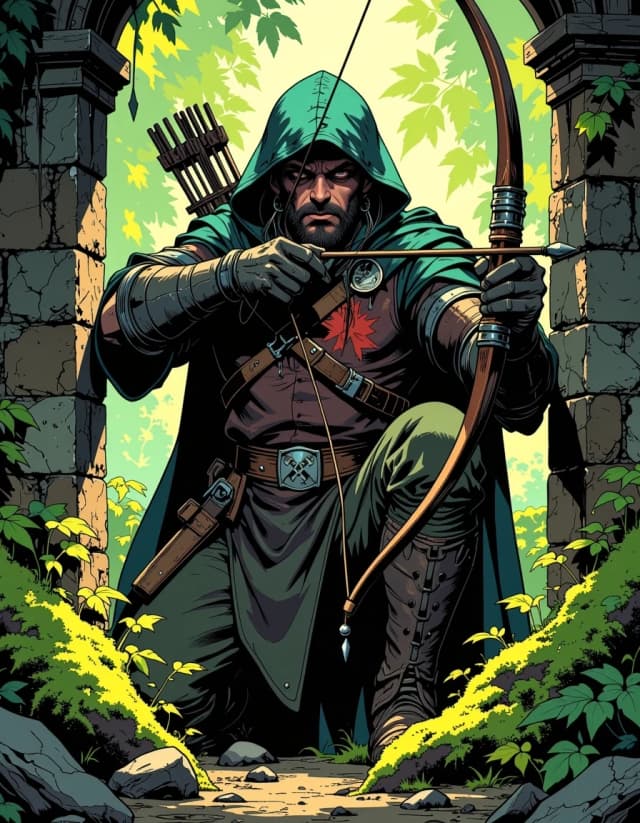 A masterpiece,  in the style of the 1980s, with bold lines, dynamic strokes and rich textures, on background with a touch of nostalgia, perhaps with subtle drawings inspired by cellulose and vintage, worn textures similar to paper, oil painting, A rugged bandit archer hiding in dappled forest undergrowth, leather armor patched with stolen insignias, hood shadowing a scarred face, longbow drawn and aimed from behind moss-covered ruins, muddy boots, knives at belt, grimdark fantasy, Dungeon & Dragons style, cinematic lighting, ultra detailed, dark green and brown palette, fantasy art, dungeons and dragons rpg aesthetic. celshading, simple background