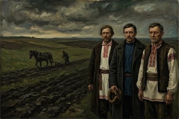 Нарисуй в правой части кадра трех мужчин средних лет в их национальной одежде: украинец, русский и белорус. На фоне видно поле и пашня. По пашне идет лошадь с плугом.