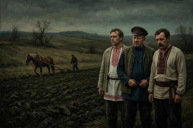 Нарисуй в правой части кадра трех мужчин средних лет в их национальной одежде: украинец, русский и белорус. На фоне видно поле и пашня. По пашне идет лошадь с плугом.