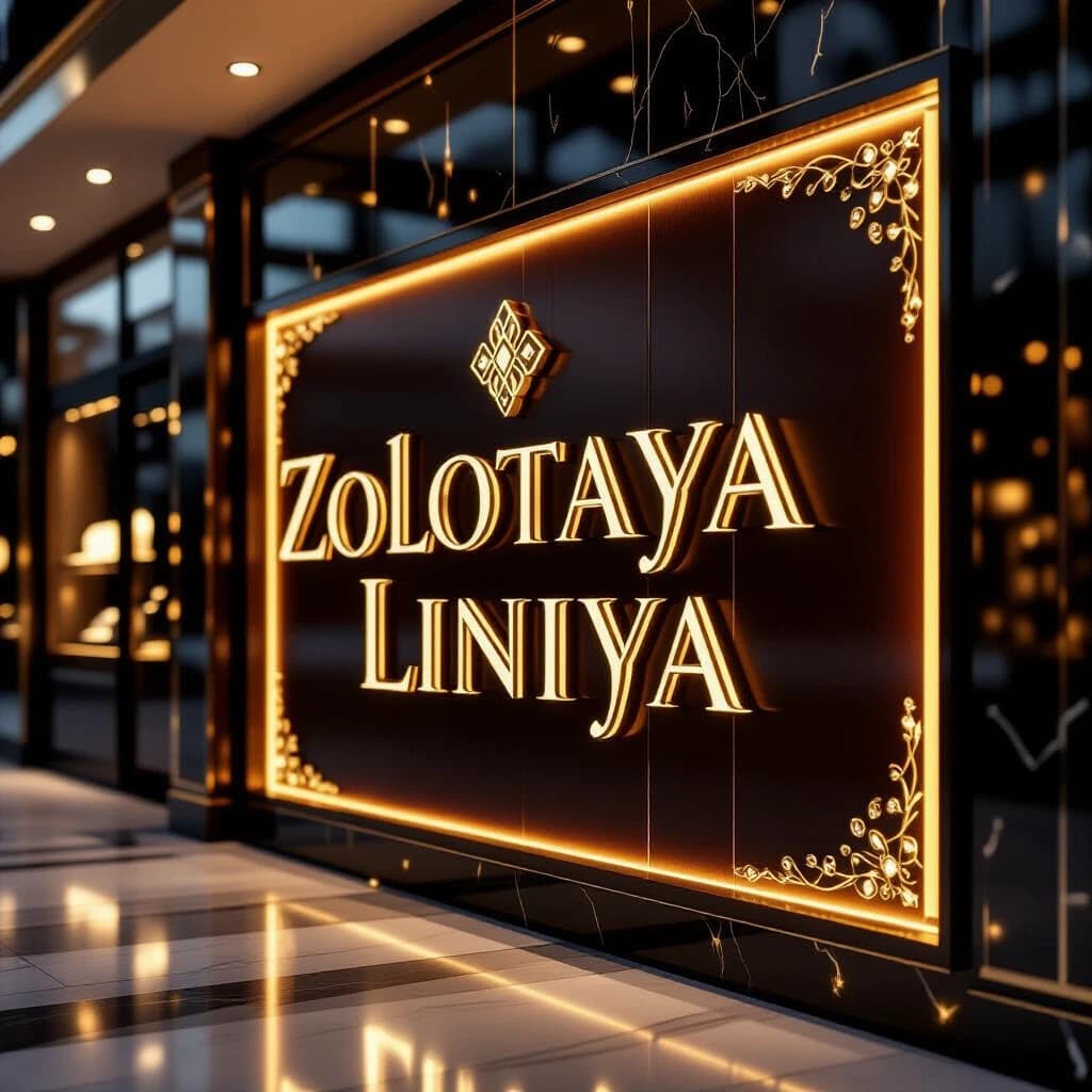 Premium store signage for jewelry retail chain "ЗОЛОТАЯ ЛИНИЯ" (Golden Line), elegant luxury style, gold and burgundy color scheme, illuminated three-dimensional letters with backlight, polished dark wood or black marble background, subtle diamond-like sparkle effects, sophisticated serif or custom elegant font, Russian text, high-end boutique facade, evening lighting with warm golden glow, photorealistic, 8K, professional commercial photography, --ar 2:3 --v 6