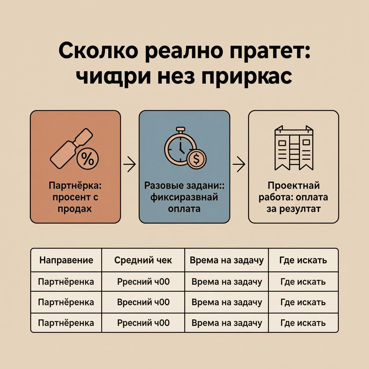 Создай плоскую иллюстрацию (flat design) в формате 1:1, в спокойных тёплых тонах: основной фон — бежевый, акценты — терракотовый и приглушённый синий. Стиль — дружелюбный, как в обучающих гайдах для новичков, без фото людей, без 3D и сложных теней, с большим количеством свободного пространства по краям (чтобы текст из поста легко накладывался и не перекрывался).

В верхней части по центру — крупный заголовок на русском языке: «Сколько реально платят: цифры без прикрас». Шрифт простой, рубленый, без засечек, хорошо читаемый.

В центре расположи три карточки-блока горизонтально, между ними — тонкие стрелки-переходы. Каждая карточка — в своём цвете-акценте, с иконкой и подписью на русском:

Первая карточка (терракотовый акцент): иконка партнёрской ссылки и значок процента, подпись: «Партнёрка: процент с продаж».
Вторая карточка (приглушённый синий акцент): иконка таймера и монеты, подпись: «Разовые задания: фиксированная оплата».
Третья карточка (бежевый с тёмной обводкой): иконка дорожной карты/проекта, подпись: «Проектная работа: оплата за результат».
В нижней части — мини‑таблица на русском языке с четырьмя колонками: «Направление», «Средний чек», «Время на задачу», «Где искать». Текст в таблице крупный и читаемый, без мелкого шрифта; сделай строки заметными, но не перегружай деталями — достаточно 3 строк-примеров.

Общая композиция должна быть сбалансированной: заголовок крупный, карточки понятные, таблица аккуратная. Никаких лишних деталей, чтобы картинка оставалась чистой и профессиональной.