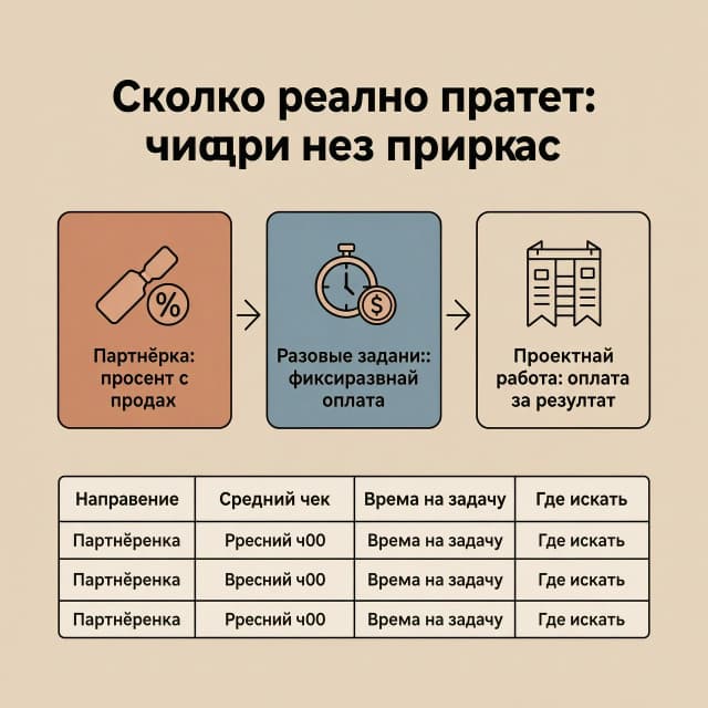 Создай плоскую иллюстрацию (flat design) в формате 1:1, в спокойных тёплых тонах: основной фон — бежевый, акценты — терракотовый и приглушённый синий. Стиль — дружелюбный, как в обучающих гайдах для новичков, без фото людей, без 3D и сложных теней, с большим количеством свободного пространства по краям (чтобы текст из поста легко накладывался и не перекрывался).

В верхней части по центру — крупный заголовок на русском языке: «Сколько реально платят: цифры без прикрас». Шрифт простой, рубленый, без засечек, хорошо читаемый.

В центре расположи три карточки-блока горизонтально, между ними — тонкие стрелки-переходы. Каждая карточка — в своём цвете-акценте, с иконкой и подписью на русском:

Первая карточка (терракотовый акцент): иконка партнёрской ссылки и значок процента, подпись: «Партнёрка: процент с продаж».
Вторая карточка (приглушённый синий акцент): иконка таймера и монеты, подпись: «Разовые задания: фиксированная оплата».
Третья карточка (бежевый с тёмной обводкой): иконка дорожной карты/проекта, подпись: «Проектная работа: оплата за результат».
В нижней части — мини‑таблица на русском языке с четырьмя колонками: «Направление», «Средний чек», «Время на задачу», «Где искать». Текст в таблице крупный и читаемый, без мелкого шрифта; сделай строки заметными, но не перегружай деталями — достаточно 3 строк-примеров.

Общая композиция должна быть сбалансированной: заголовок крупный, карточки понятные, таблица аккуратная. Никаких лишних деталей, чтобы картинка оставалась чистой и профессиональной.