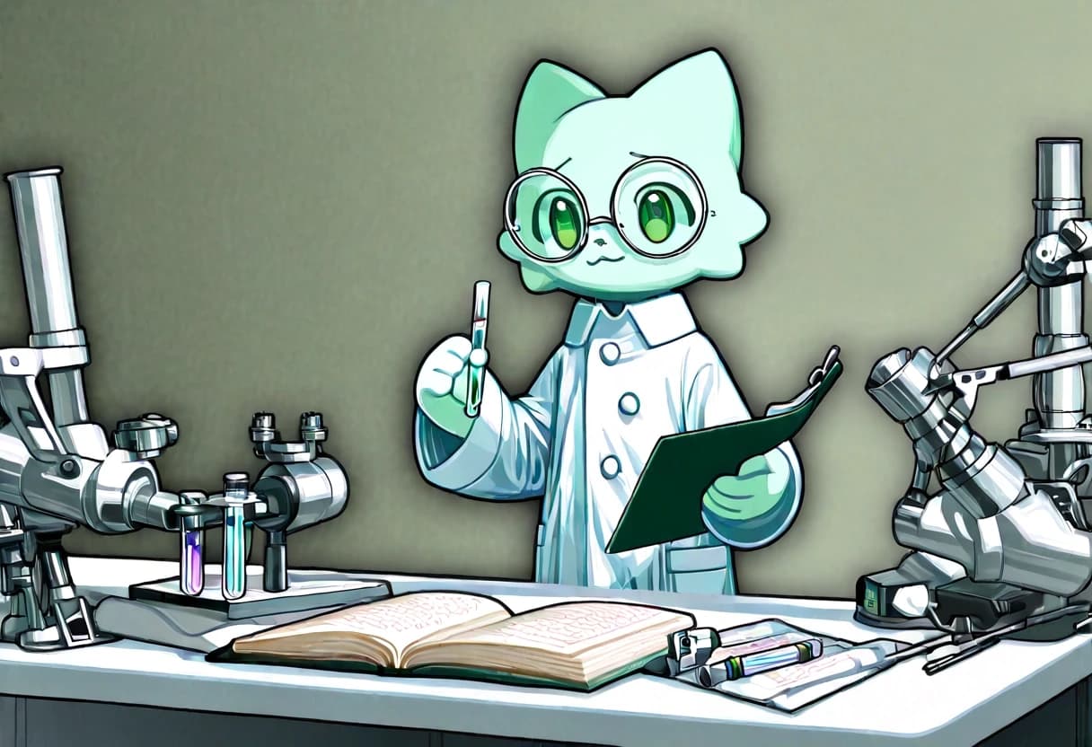 Flat vector illustration, cute green medical mascot character wearing a white doctor's coat and round glasses, standing confidently in front of a medical study desk, holding a clipboard and an open book, cozy medical study desk layout, open anatomy books, microscope, test tubes, pastel mint green, white, and light blue color palette, soft studio lighting, clean and professional design, no harsh shadows, isolated minimalist white background, high resolution, uniform style, no text, --ar 4:3 --v 6.0 --style raw