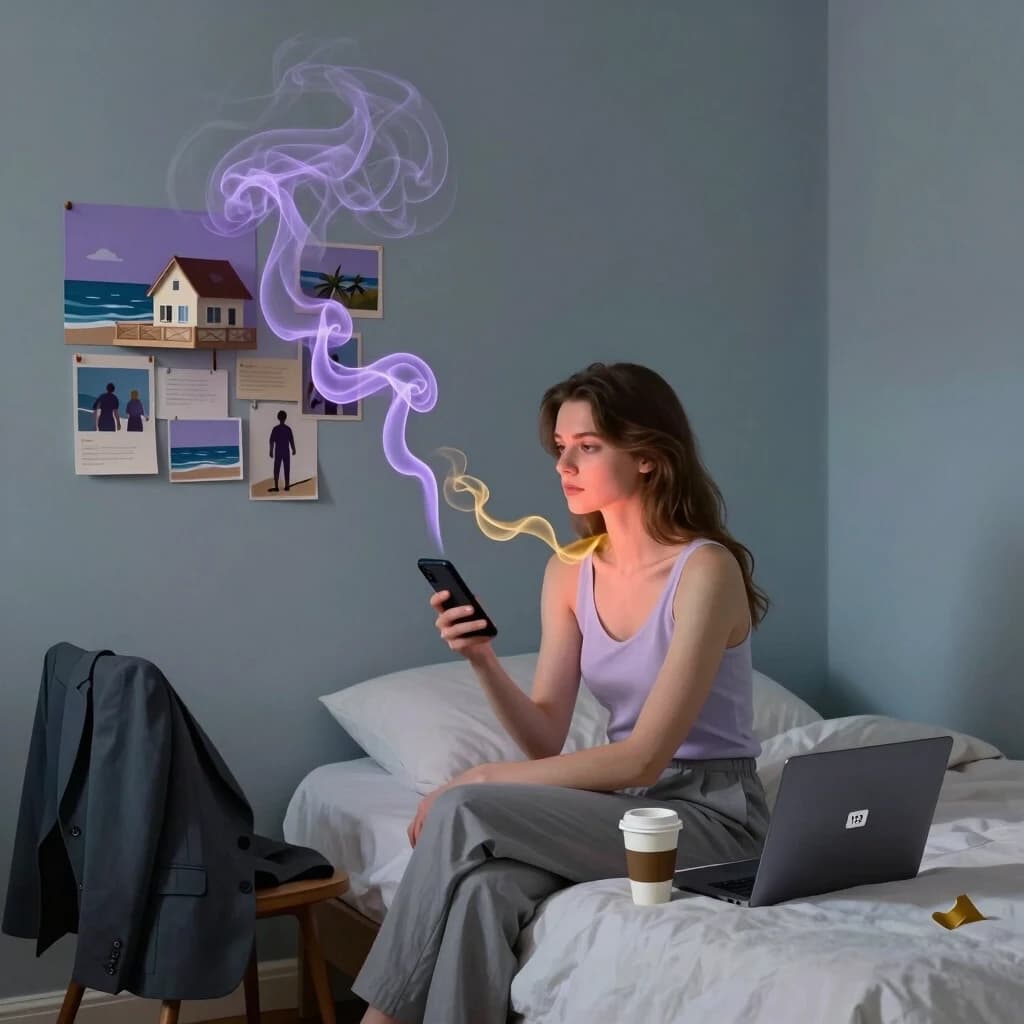 A bright but soft early morning scene in a room filled with cool gray-blue light, avoiding dark or heavy shadows. In the center, a well-groomed young woman is sitting passively on the bed, holding a phone to check her email, staring blankly into space. A thin, luminous smoke trail of lavender and old gold colors flows from her shoulder blades, weaving through the air and pouring into a mood board on the wall, making the cutouts of a seaside house and figures look 3D and alive with an inner glow. The scene features realistic everyday details: a wrinkled office blazer on a chair, an open laptop showing "Входящие (12)", a cold cup of coffee with a thin skin on top, and a piece of loose tape on the floor. The color palette consists of muted dusty blue walls, a pale salmon glow on her face, and smoky lavender for the magic trail. The lighting is voluminous and airy, keeping the atmosphere bright yet calm and slightly melancholic, with soft, readable shadows. magical realism style, digital painting, inspired by Cyril Rolando. Muted pastel color palette, soft textures, matte finish, volumetric light, emotional and atmospheric, editorial illustration for psychology --ar 16:9