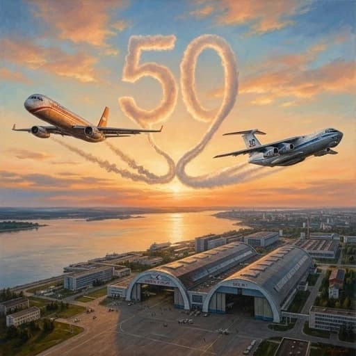 Широкоформатный кинематографичный кадр, гиперреалистичная масляная живопись. Закат над Волгой и ангарами завода Авиастар в Ульяновске.

Слева в кадре — старый советский самолёт Ту-204 в тёплой оранжево-белой ливрее 1970-х годов. У него рваный инверсионный след. Справа — современный Ил-76МД-90А в бело-синей ливрее Авиастара с юбилейным логотипом «50 лет» на хвосте. У него плотный ровный инверсионный след.

Два инверсионных следа встречаются в центре кадра и переплетаются, образуя крупную объёмную цифру 50 на фоне персиково-синего неба.

Внизу, на земле, видны крошечные фигурки людей и характерные арочные ворота сборочного цеха. Общее настроение — ностальгия и гордость, свет закатный, золотистый. Детализация: блики на фюзеляже, ряды заклёпок, отражения в кабине пилотов. --ar 16:9

Это должна быть картина, нарисованная красками