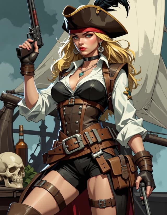 A masterpiece,  in the style of the 1980s, with bold lines, dynamic strokes and rich textures, on background with a touch of nostalgia, perhaps with subtle drawings inspired by cellulose and vintage, worn textures similar to paper,oil painting, digital painting of a young, white woman pirate standing confidently with a ship in the background. She has long, flowing blonde hair, wears a dark brown pirate hat with a feather, and a detailed brown leather corset with straps and buckles. She holds a double-barreled pistol in her right hand and a wooden rifle with intricate carvings in her left. Her brown leather boots have metal buckles, and she has thigh straps and a utility belt with various pouches. Her expression is serious and focused. The background shows a cloudy sky, part of a ship's mast, and a skull with a bottle beside her. The lighting is natural, coming from the top left, casting soft shadows. The camera angle is a medium close-up, slightly below eye level, creating a sense of dominance. The composition uses the rule of thirds, with the pirate centered. The background is slightly blurred, emphasizing the subject. The painting has a dark, muted color palette with rich browns and greys. celshading, simple background. celshading, simple background