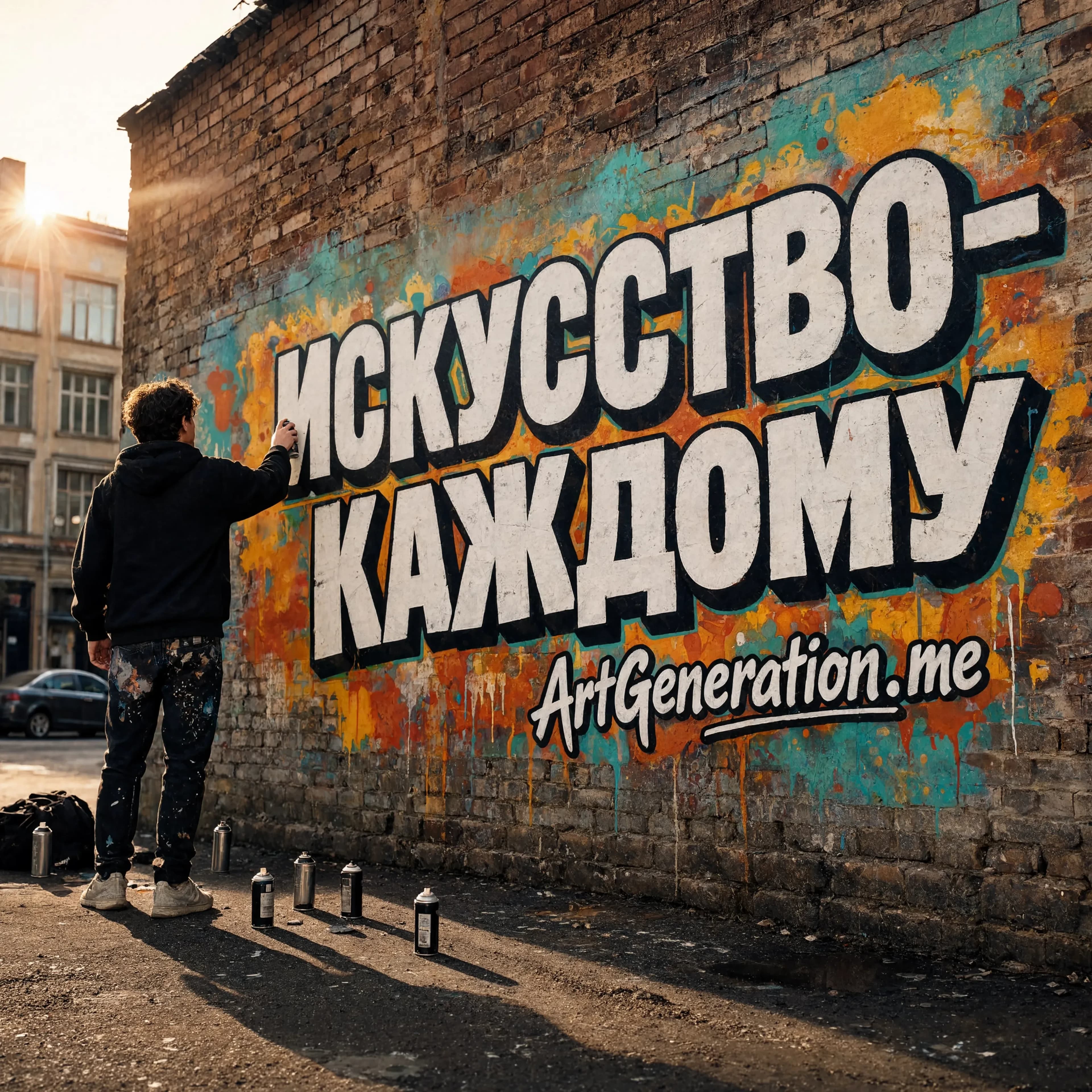 Солнечный московский двор, старая кирпичная стена с художественным граффити, нативное 4K, детализированная фактура кирпича и аэрозольной краски. Крупная объёмная надпись кириллицей «ИСКУССТВО — КАЖДОМУ», рядом в едином стрит-арт стиле вписан тег «ArtGeneration.me» — часть композиции, а не подпись в углу. Молодой художник с баллончиком спиной к зрителю, динамичные брызги краски, контровой свет, реалистичные тени. Горизонтальный формат 3:2.