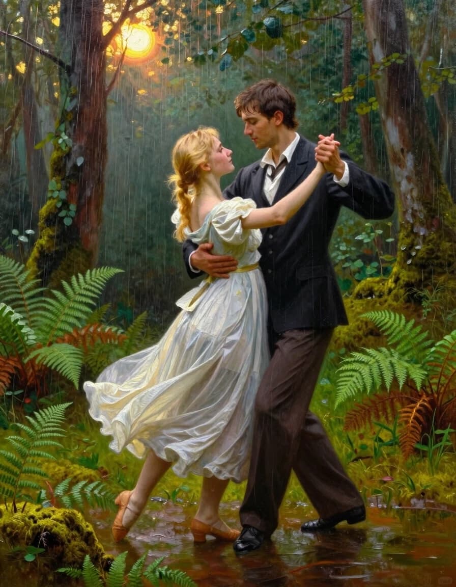 A masterpiece. Creating an image. Style - oil painting. ((A secluded forest clearing among ferns and moss, in the foreground a beautiful blonde girl and a handsome young man dancing together, holding hands, waltzing in the warm summer rain, the sun is shining:1.6)). High resolution. High detail and clear texture. Close-up. High quality. Increased attention to small details. The aspect ratio is 3:4. The artists are Levitan, Shishkin.