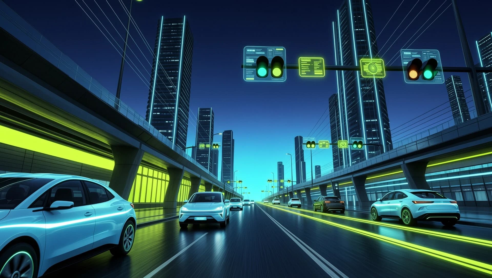 Futuristic city street at night, self-driving cars with glowing neon cyan and acid green lines, smart traffic lights with holographic data, wide 16:9 composition, dark navy blue (#0A192F) sky, soft gradient from dark blue to neon cyan (#00E5FF), subtle acid green (#AEEA00) accents, blurred motion, high-tech urban environment, clean and modern, no text, no logos, no people, depth of field, cinematic lighting, 4k, photorealistic.