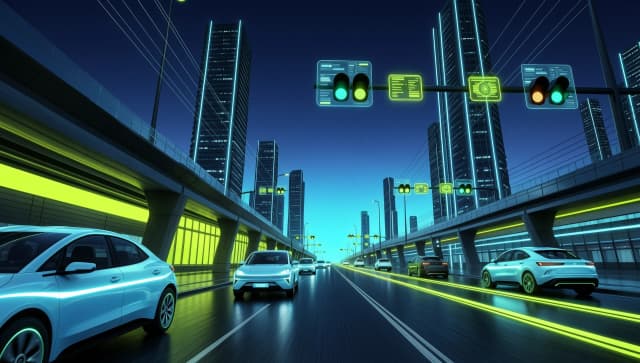 Futuristic city street at night, self-driving cars with glowing neon cyan and acid green lines, smart traffic lights with holographic data, wide 16:9 composition, dark navy blue (#0A192F) sky, soft gradient from dark blue to neon cyan (#00E5FF), subtle acid green (#AEEA00) accents, blurred motion, high-tech urban environment, clean and modern, no text, no logos, no people, depth of field, cinematic lighting, 4k, photorealistic.