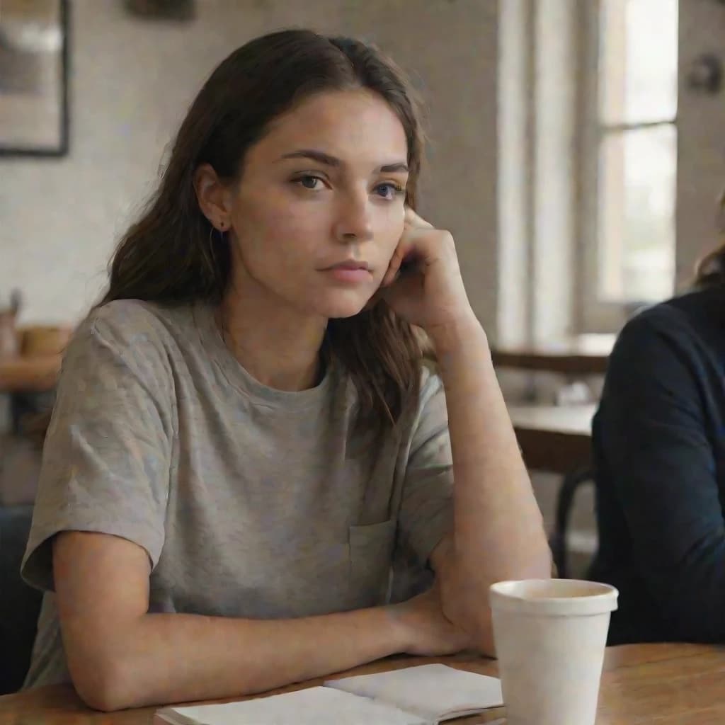 A young woman sitting across from someone at a table, listening with a slightly uncomfortable but thoughtful expression, like receiving honest tough feedback she didn't expect, notebook open in front of her, casual clothes, coffee cups on table, warm café or home setting, natural light, candid UGC photo style, authentic, no filters, realistic