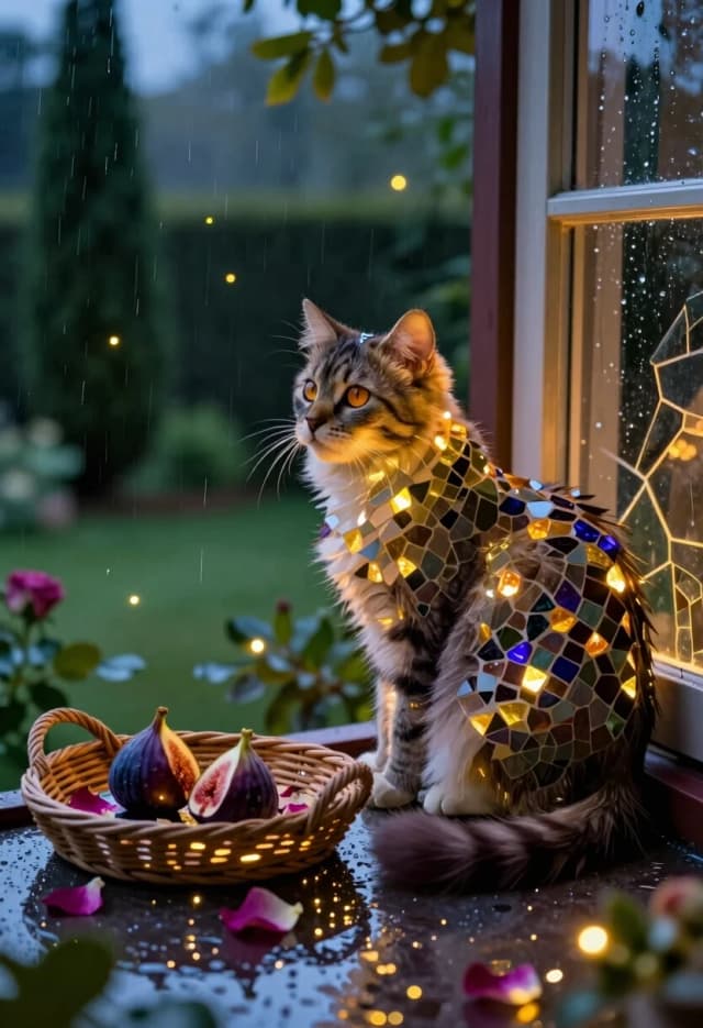 В технике «Luminous Crystal Mosaic Style» изобрази уютную террасу в сумерках: на перилах сидит пушистая кошка с янтарными глазами, её силуэт подсвечен тёплым светом из окна. Кошка повернула голову влево, будто заметила что‑то в саду — уши насторожены, хвост плавно изогнут. На переднем плане — опрокинутый набок плетёный поднос, рядом рассыпались спелые инжиры и лепестки роз; на стекле террасы — капли дождя, в которых отражаются огоньки гирлянд.

Фон — размытый сад с тёмными силуэтами кипарисов и мерцающими светлячками; цветовая гамма — глубокие изумрудные, сливовые и золотистые тона. Мозаичные грани должны создавать эффект внутреннего свечения: будто каждый элемент картины хранит крошечный огонёк. Эмоции — любопытство и спокойная настороженность.