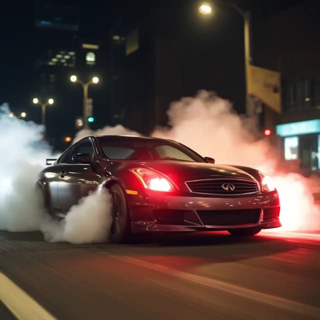 Infinity g35 делает бернаут на главной улице в ночном городе, тормоза раскалились, из колес идет дым