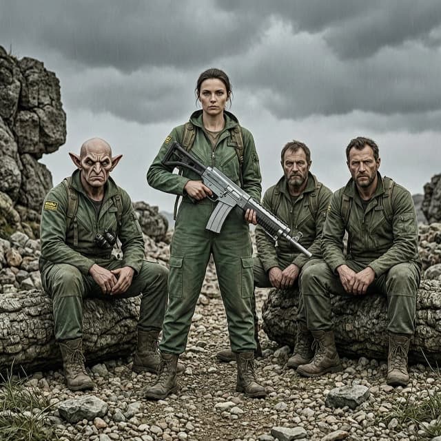 Изображение по вселенной сталкер 
Изобразить группу из четырех человек-сталкеров. Лидер группы стоит в центре - девушка по прозвищу Валькирия, вооружена АС Вал, одета в зеленый комбинезон сталкера. По бокам от неё сидят сталкеры. Гоблин (лысый,низкий лоб, тяжёлые надбровные дуги, глубоко посаженные глаза, широкая челюсть.  роста 170 см). С боку от нее двое мужчин - сталкеры Вексель и Знахарь.