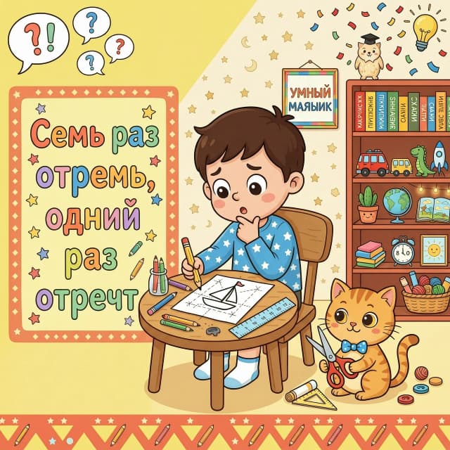 Создай детскую картинку к дню пословиц и поговорок в мультяшном стиле, размер картинки 1600:400 пикселе. в ярких и насыщенных тонах.



Пословица «Семь раз отмерь, один раз отрежь» написана небольшими  разноцветными буквами на русском языке без ошибок. 
Мальчик сидит за столом и рисует карандашом. Он уже нарисовал контур кораблика, но пока не уверен, как именно вырезать эту фигуру из бумаги. Его задумчивый взгляд говорит о том, что он тщательно продумывает каждый шаг — то есть семь раз отмеряет.
Рядом с ним сидит котёнок, который смотрит на мальчика с лёгкой улыбкой. В лапках он держит ножницы. 
На заднем плане видна книжная полка с яркими книгами и игрушками, а также уютный светлый интерьер комнаты.