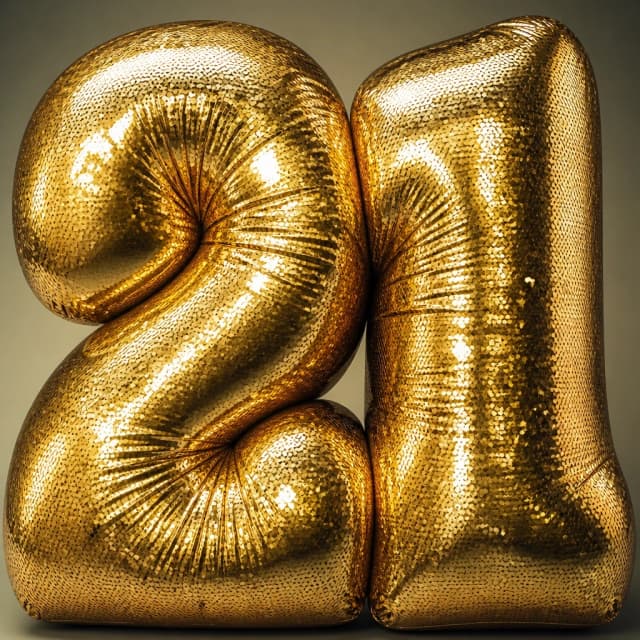 Ultra-inflated glossy latex typography spelling “21”, each letter constructed from oversized pneumatic balloon forms, tightly compressed together with visible tension wrinkles, pressure folds, stretched seams, and soft air-filled deformation.

Golden, sequined and glitter‑covered, shiny rubber material with intense specular highlights and realistic reflective shine.
Letters appear squashed and inflated simultaneously, creating an organic soft-body typography effect.grey green khaki gradient studio background.

Minimalist experimental poster design. Macro studio lighting with strong reflections and deep shadows. Cinematic glossy texture, subtle surface imperfections, photorealistic soft-body simulation, inflated vinyl aesthetic, modern Blender 3D typography render, ultra-clean composition, centered framing, premium graphic design aesthetic, tactile rubber realism, high-detail compression artifacts, smooth rounded edges, abstract inflatable type sculpture. The digits occupy 95% of the entire image area.