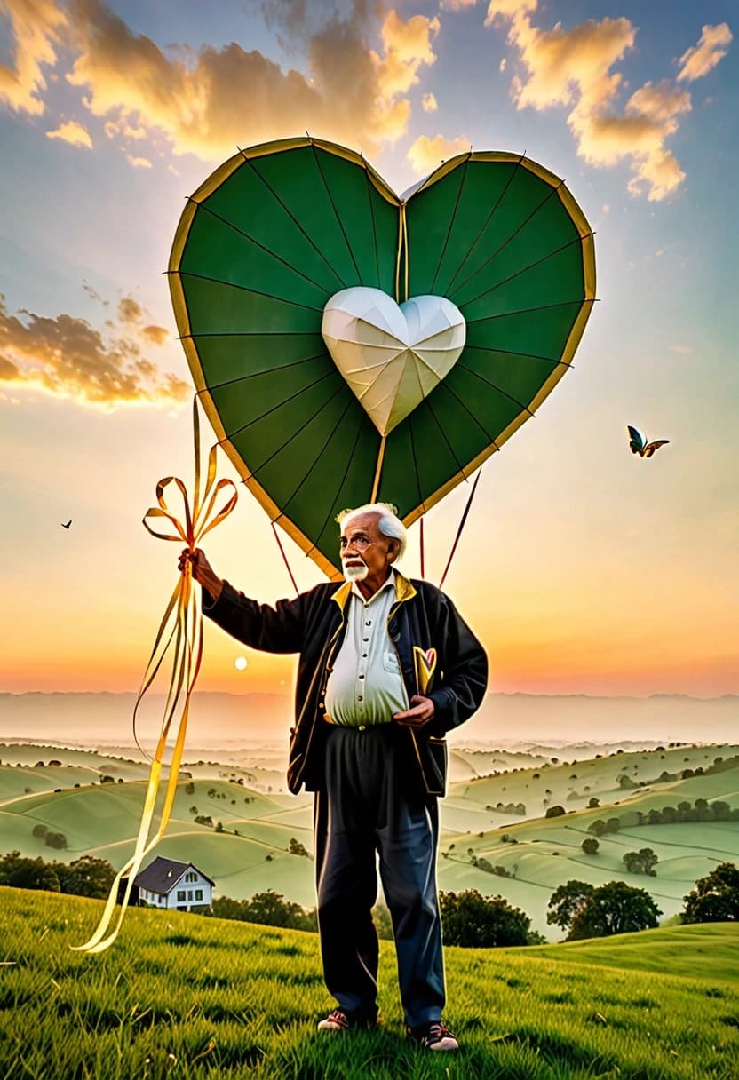 A magical old master kite maker stands on a green hill at sunrise. He holds a large wooden spool while an enormous white heart-shaped kite with long golden ribbons rises into the sky. Around it fly other extraordinary kites shaped like tiny houses, birds, butterflies, flowers and stars, as if people's dreams have grown wings. Children and adults stand together in the meadow below, looking upward in amazement. The first rays of sunlight illuminate the clouds, filling the air with a golden glow. Emotional scene about dreams, hope, freedom and happiness. Magical realism, incredible detail, atmospheric lighting, grand composition, vertical greeting-card format.
