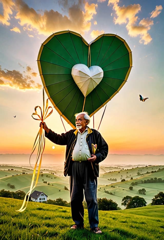 A magical old master kite maker stands on a green hill at sunrise. He holds a large wooden spool while an enormous white heart-shaped kite with long golden ribbons rises into the sky. Around it fly other extraordinary kites shaped like tiny houses, birds, butterflies, flowers and stars, as if people's dreams have grown wings. Children and adults stand together in the meadow below, looking upward in amazement. The first rays of sunlight illuminate the clouds, filling the air with a golden glow. Emotional scene about dreams, hope, freedom and happiness. Magical realism, incredible detail, atmospheric lighting, grand composition, vertical greeting-card format.