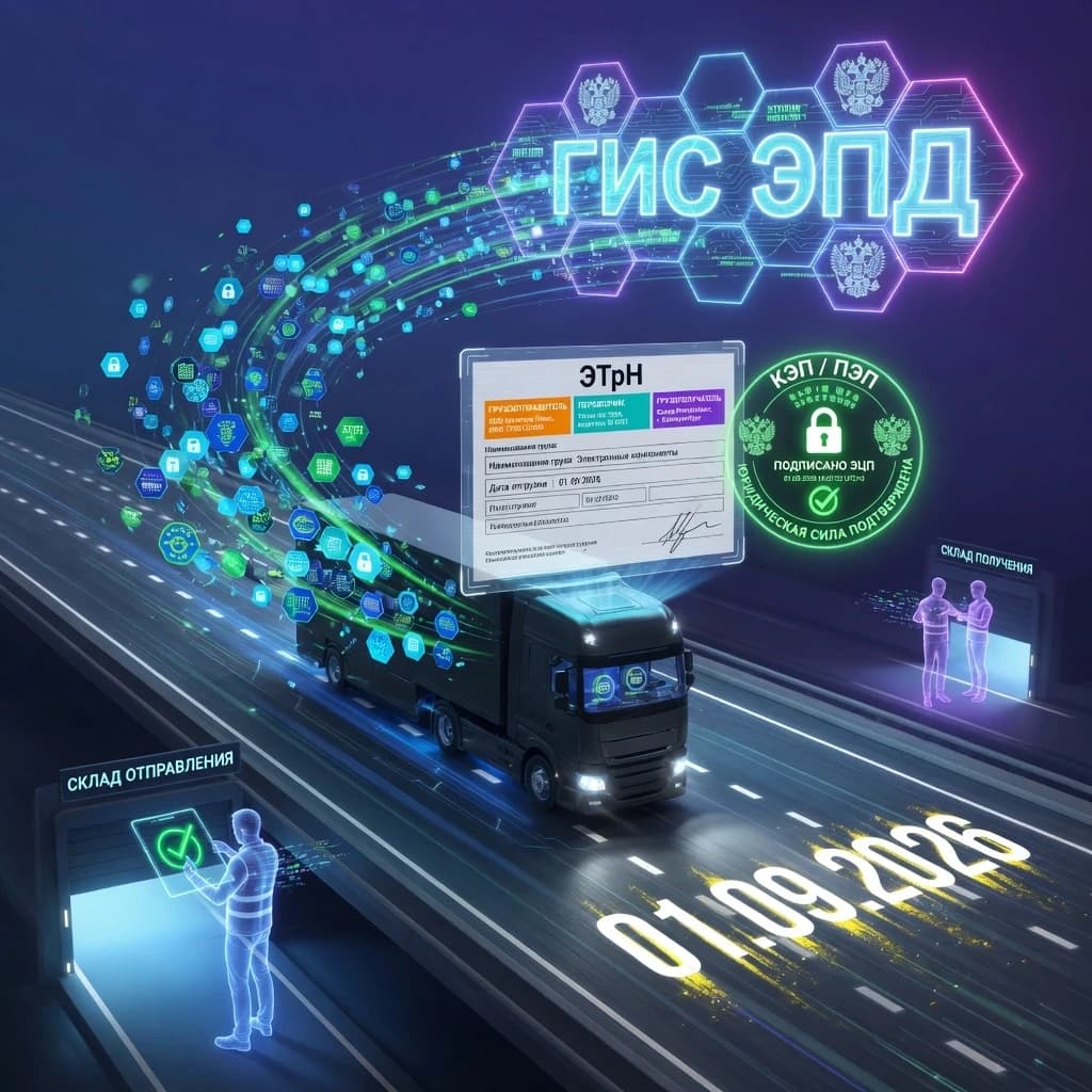 Style: Futuristic high-tech digital illustration, cinematic lighting, detailed, technological atmosphere. Main scene: In the center of the image is a modern cargo truck moving on a high-speed highway surrounded by streams of digital data. This data appears as glowing blue and green hexagons (symbolizing pixels and secure information exchange), which fly out of the driver's cabin and rush towards a massive, glowing contour in the sky – a symbolic representation of the State Information System for Electronic Waybills (GIS EPD). Key elements: Digital document: Directly in front of the driver's cabin floats a transparent glowing tablet or hologram, clearly showing the structure of an electronic transport waybill (ETN) with several colored title blocks (for the shipper, carrier, consignee). Electronic signature: Next to the tablet, a secure electronic signature icon (QES/PES) is displayed as a green seal or lock, confirming the legal validity of the document. Participants: In different parts of the image, as transparent silhouettes or avatars, other participants in the logistics chain are visible: at the departure warehouse – the figure of the shipper, completing the document signing; at the destination warehouse in the distance – the figure of the consignee, waiting for data for acceptance. Date: A large inscription "01.09.2026" is imprinted on the road surface, like a turning point or starting line of a new era. Atmosphere: A sense of speed, efficiency, and complete digital transparency. Paper documents are absent, all processes are digitized and integrated.