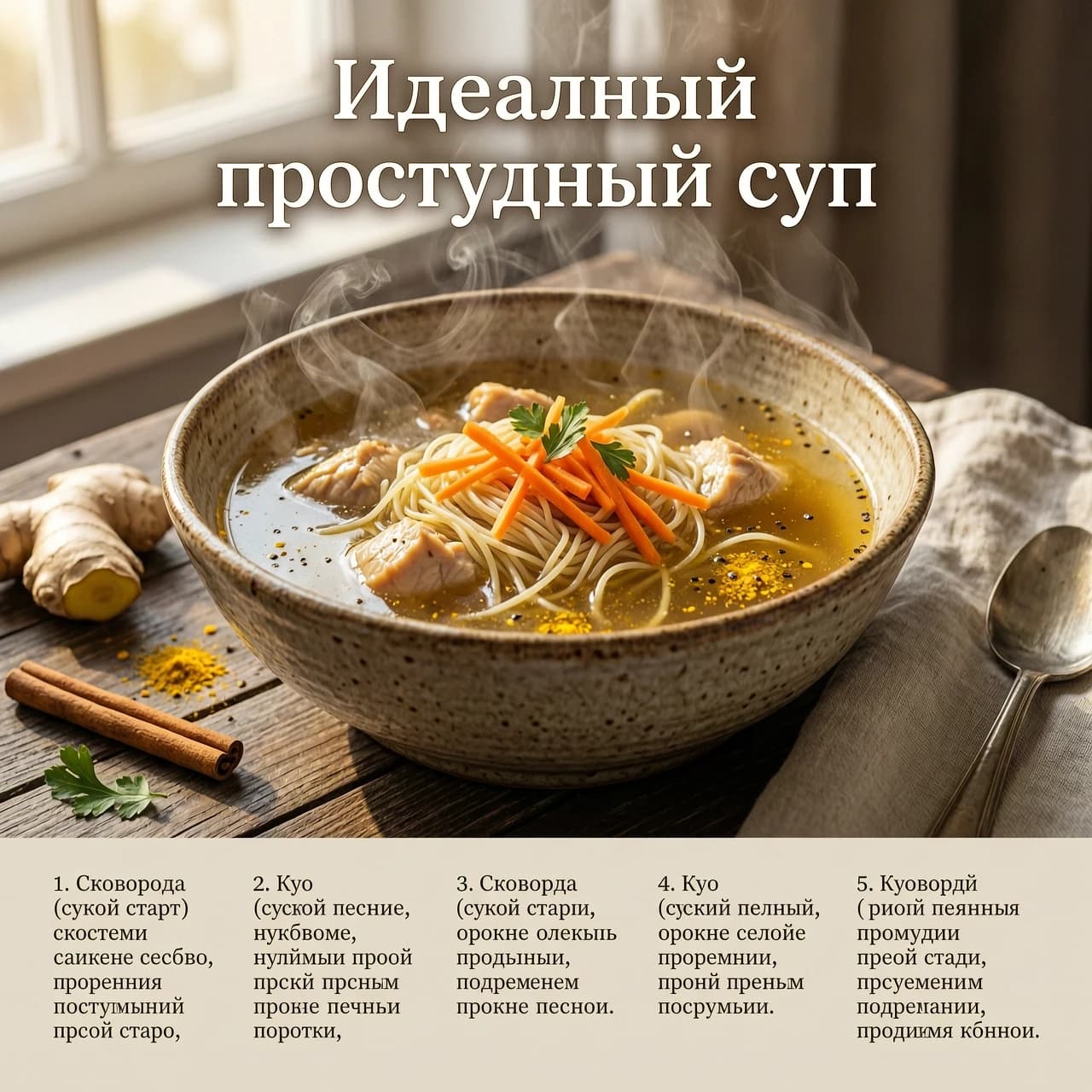 A high-quality, cozy culinary infographic poster titled "Идеальный простудный суп" in elegant, readable Russian typography. The composition is a sophisticated vertical split: the top half features a breathtaking, hyper-realistic macro shot of a steaming bowl of golden chicken soup, while the bottom half contains a structured, aesthetically pleasing recipe layout.

The soup bowl is a handcrafted rustic ceramic vessel, filled with a crystal-clear, glowing amber-colored broth, tender chunks of succulent golden-brown chicken, vibrant julienned orange carrots, and delicate, fine vermicelli. Wisps of translucent, ethereal steam rise gracefully in swirling patterns from the surface, backlit to create a luminous effect. Micro-details include tiny flecks of turmeric, cracked black pepper, and a hint of fresh parsley.

The visual style is "Warm Hygge Kitchen": soft, cinematic morning light streams from a side window, creating a gentle chiaroscuro effect with soft shadows and a comforting, healing atmosphere. The background is a moody, shallow-focus kitchen setting featuring a dark, textured wooden table with artistic placements of raw ingredients: a gnarled ginger root, a textured cinnamon stick, and a crumpled cream-colored linen napkin, all enhancing the "soul food" mood.

The recipe text is integrated into the bottom half using a clean, modern serif font with premium kerning, organized into five distinct, legible steps:
1. Сковорода (сухой старт)
2. Ку