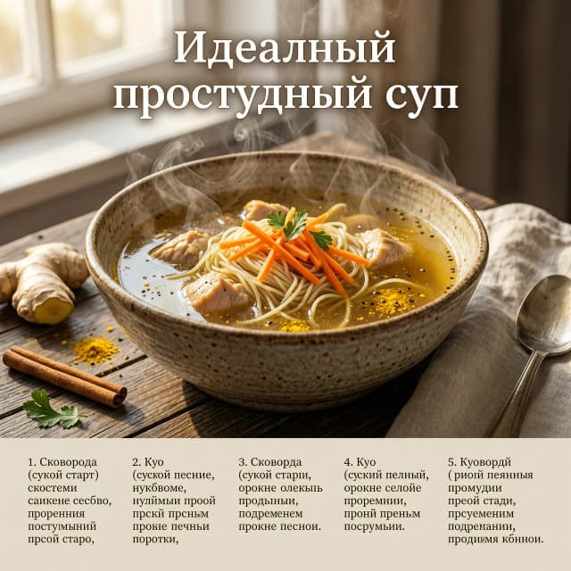 A high-quality, cozy culinary infographic poster titled "Идеальный простудный суп" in elegant, readable Russian typography. The composition is a sophisticated vertical split: the top half features a breathtaking, hyper-realistic macro shot of a steaming bowl of golden chicken soup, while the bottom half contains a structured, aesthetically pleasing recipe layout.

The soup bowl is a handcrafted rustic ceramic vessel, filled with a crystal-clear, glowing amber-colored broth, tender chunks of succulent golden-brown chicken, vibrant julienned orange carrots, and delicate, fine vermicelli. Wisps of translucent, ethereal steam rise gracefully in swirling patterns from the surface, backlit to create a luminous effect. Micro-details include tiny flecks of turmeric, cracked black pepper, and a hint of fresh parsley.

The visual style is "Warm Hygge Kitchen": soft, cinematic morning light streams from a side window, creating a gentle chiaroscuro effect with soft shadows and a comforting, healing atmosphere. The background is a moody, shallow-focus kitchen setting featuring a dark, textured wooden table with artistic placements of raw ingredients: a gnarled ginger root, a textured cinnamon stick, and a crumpled cream-colored linen napkin, all enhancing the "soul food" mood.

The recipe text is integrated into the bottom half using a clean, modern serif font with premium kerning, organized into five distinct, legible steps:
1. Сковорода (сухой старт)
2. Ку