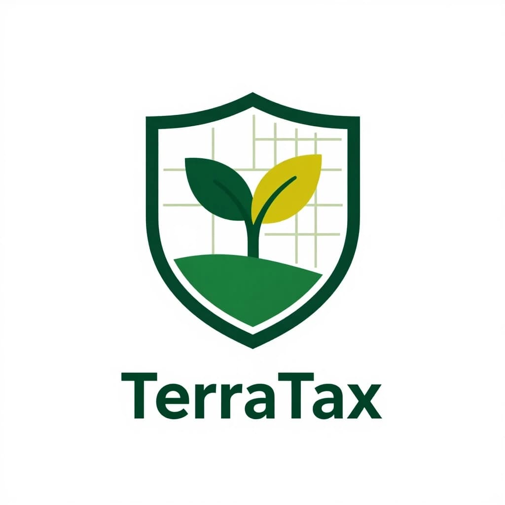Minimalist logo design for a consulting company named "TerraTax". The name means "Earth" or "Territory" in Slavic roots. Visual metaphor: A stylized shield (representing tax protection) seamlessly merging with a geometric plot of land or a sprouting green leaf. Inside the shield, subtle grid lines represent a cadastral map. Style: Modern, corporate, trustworthy, deep green and gold color palette (symbolizing fertile soil and financial prosperity). Flat vector, geometric shapes, negative space utilization. White background, clean outlines, professional business branding. Aspect ratio 1:1.