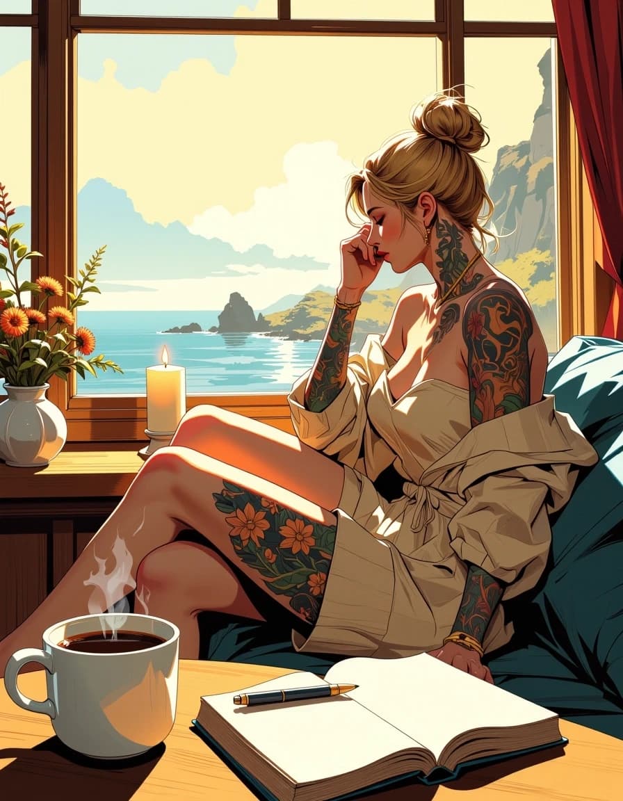 A masterpiece,  in the style of the 1980s, with bold lines, dynamic strokes and rich textures, on background with a touch of nostalgia, perhaps with subtle drawings inspired by cellulose and vintage, worn textures similar to paper, oil painting, A photorealistic painting depicting a young woman with long blonde hair tousled by the wind and gathered in a high bun, and intricate floral tattoos covering her arms, shoulders and legs, curled up on a cozy sofa by the window, knees drawn up and chin propped on her hand, dreamily looking out the window. from the large open window, you can see the soft dawn of the early morning over the ocean, the calm sea and the rocky coastline with wildflowers, she is wearing a loose beige knitted off-the-shoulder sweater sliding off one shoulder, the warm golden light of the rising sun floods her skin and the room, in the foreground a wooden table with a steaming mug of coffee, a lit candle, an open notebook and pen, a white vase with dried flowers, a soft dreamy atmosphere, an intimate and contemplative mood, morning coffee, extremely high detail, delicate textures of skin, fabric, hair and tattoos, bright soft light in the style of Steve Hanks.  simple background celshading,