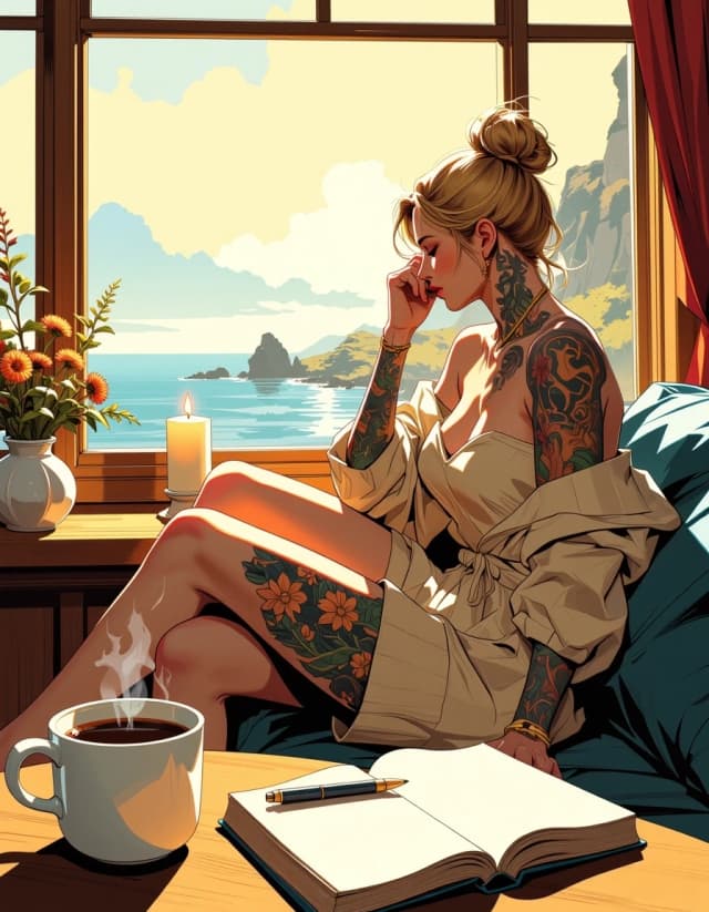 A masterpiece,  in the style of the 1980s, with bold lines, dynamic strokes and rich textures, on background with a touch of nostalgia, perhaps with subtle drawings inspired by cellulose and vintage, worn textures similar to paper, oil painting, A photorealistic painting depicting a young woman with long blonde hair tousled by the wind and gathered in a high bun, and intricate floral tattoos covering her arms, shoulders and legs, curled up on a cozy sofa by the window, knees drawn up and chin propped on her hand, dreamily looking out the window. from the large open window, you can see the soft dawn of the early morning over the ocean, the calm sea and the rocky coastline with wildflowers, she is wearing a loose beige knitted off-the-shoulder sweater sliding off one shoulder, the warm golden light of the rising sun floods her skin and the room, in the foreground a wooden table with a steaming mug of coffee, a lit candle, an open notebook and pen, a white vase with dried flowers, a soft dreamy atmosphere, an intimate and contemplative mood, morning coffee, extremely high detail, delicate textures of skin, fabric, hair and tattoos, bright soft light in the style of Steve Hanks.  simple background celshading,