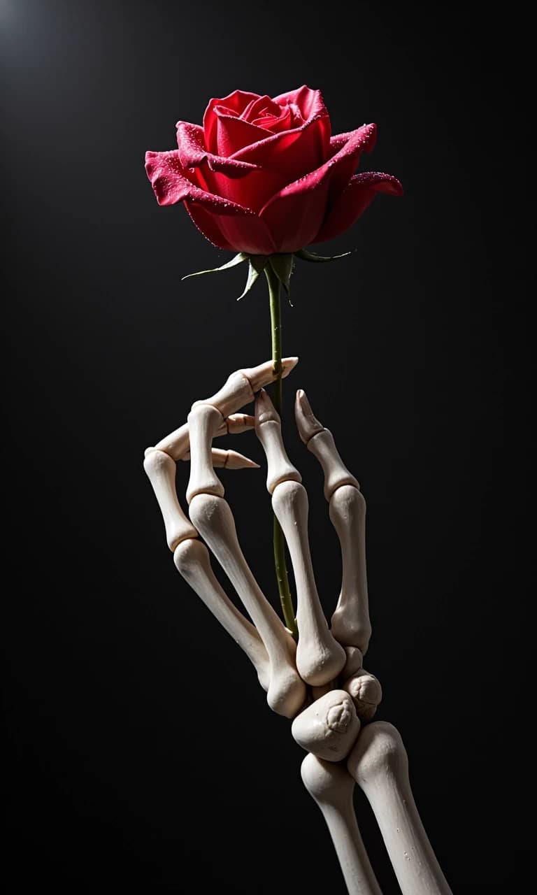 Masterpiece. best quality. Epic. cinematic. Award winning. Ultra detailed. dramatic. attention-grabbing. challenge winning. A skeletal hand delicately holds a single, perfect crimson rose, its petals glistening with dew. The background is a deep, velvety black, with subtle hints of ethereal light catching the bone. This image captures a moment of fragile beauty amidst decay, rendered in a stark, painterly style with strong chiaroscuro to emphasize the contrast between life and death, leaning into surrealism.