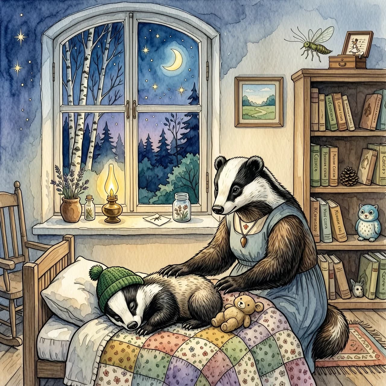 Children's book illustration, multi-layer watercolor technique on eggshell textured paper. In the foreground, in a cozy bed covered with a patchwork quilt, a little badger cub is sleeping. A large mother badger is sitting nearby. A cricket is sitting on the shelf. Outside the window, a forest and stars are visible. Magical night peace, spirit of Soviet slide films (diafilms), style of Viktor Chizhikov's work, detailed shadow rendering, 4K.