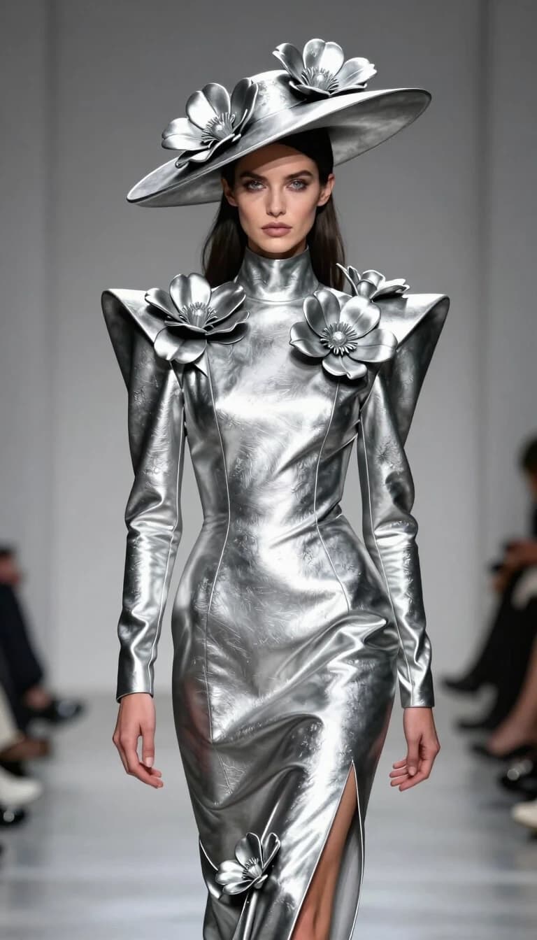 Create a photograph, top quality, SHINY SILVER DETAILED FLOWERS, ultra detailed, beautiful facial structure, haunting grey eyes, dark lush hair, REVEALING SLIT IN DRESS, (Dynamic full-body single shot, wearing a high-neck fully covered couture dress and matching sculptural hat architectural dimensional dress long sleeves and modest silhouette concealing chest and neckline, rectilinear wide-angle lens avoiding vignette artifacts, full color, professional photograph, 85mm lens, f/1.4 aperture, 1/250 shutter speed, 640 ISO)) perfect hands, (medium shot), sharp focus, shallow depth of field, foreshortening, ultra quality