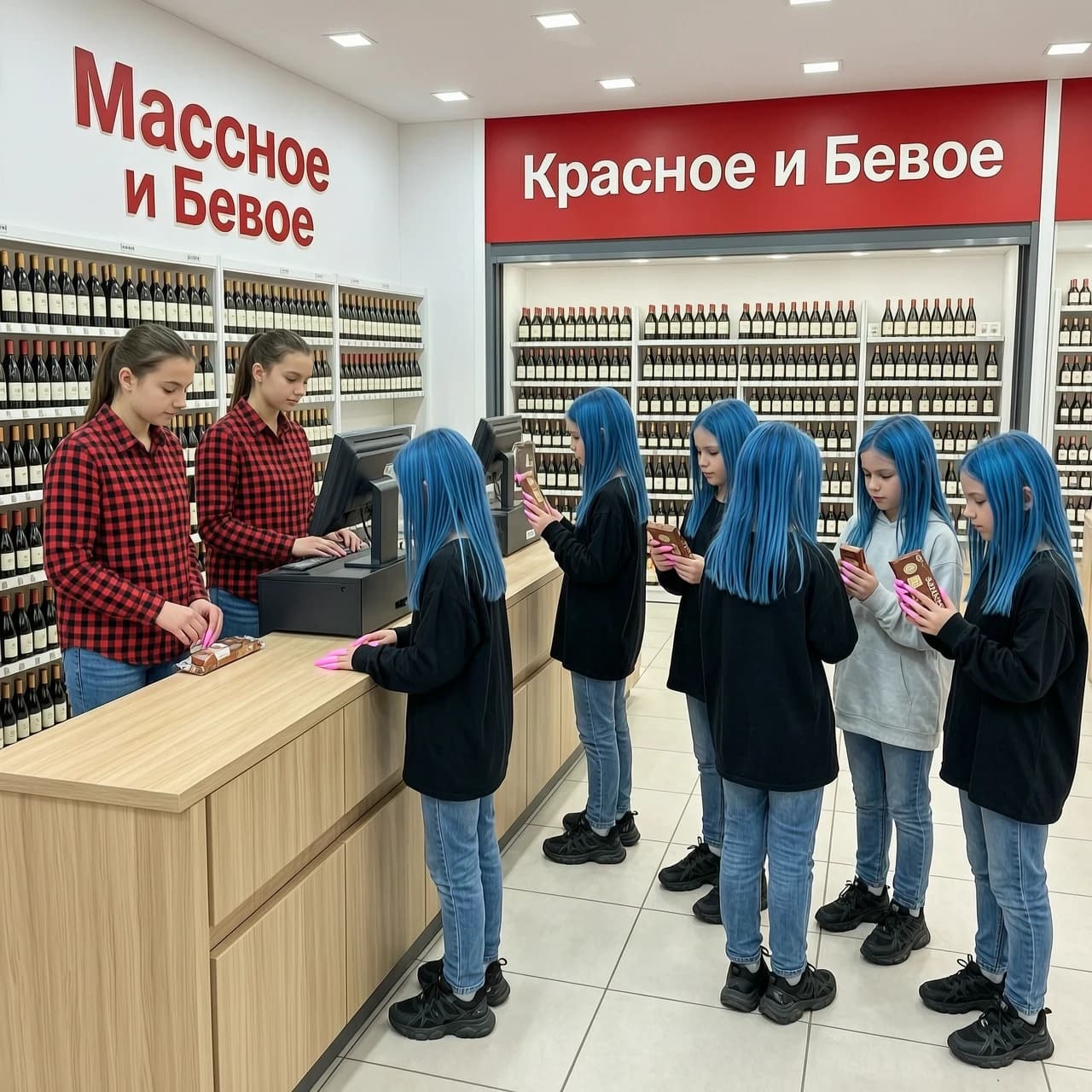 Магазин Красное и Белое. Две кассы. За кассой стоят кассиры. В рубашке в винно-черную клетку. На ногах джинсы. Обувь чёрная. Покупки совершают десять девочек возраст которых 12 лет. Волосы синие. Одежда оверсайз. Ногти длиной 15 сантиметров розовым цветом. На ногах большие кроссовки. Покупают шоколадку даже.