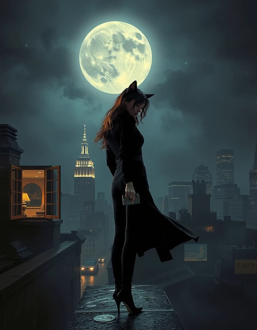Selina Kyle is leaving the scene of a midnight heist. She stands on the rooftop of an old building, holding a small case containing a stolen diamond necklace. Behind her, an open window of a luxurious museum reveals where she has just escaped from. Police lights flash far below, but Selina remains completely calm. She turns and looks back over her shoulder toward the city. Wind catches her black cape, while moonlight outlines her cat ears and elegant silhouette. A huge full moon hangs above the skyline, surrounded by soft atmospheric mist. The perfect final frame of a film about a midnight hunt, freedom and independence. Cinematic photorealism, film noir atmosphere, dramatic moonlight, wet surfaces, highly detailed, vertical movie poster.