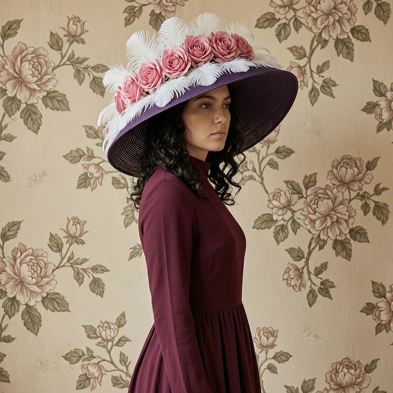 The image is a portrait of a young woman wearing a large, wide-brimmed hat with a large flower crown on top. The hat is made of a dark purple fabric with white feathers and pink roses scattered throughout. The woman is wearing a long, burgundy dress with a high neckline and long sleeves. She has dark hair styled in loose curls and is looking off to the side with a serious expression on her face. The background is a beige-colored wall with a floral pattern. The overall mood of the image is elegant and sophisticated.