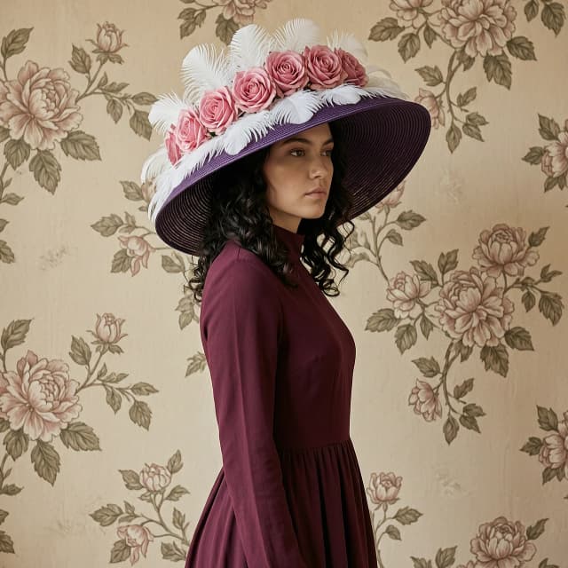 The image is a portrait of a young woman wearing a large, wide-brimmed hat with a large flower crown on top. The hat is made of a dark purple fabric with white feathers and pink roses scattered throughout. The woman is wearing a long, burgundy dress with a high neckline and long sleeves. She has dark hair styled in loose curls and is looking off to the side with a serious expression on her face. The background is a beige-colored wall with a floral pattern. The overall mood of the image is elegant and sophisticated.