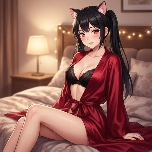 NSFW,anime,style,big boobs,A East Asian woman with long, black hair styled in pigtails and adorned with pink cat ears sits on a bed, her body angled towards the viewer in a slightly reclined pose. She wears a black lace bra and a flowing, deep red silk robe tied at the waist, revealing her legs. Her facial expression is a playful, inviting smile with bright red eyes and rosy cheeks. She has a slender build and is positioned in the center-left of the frame. Her orientation is a three-quarter view, looking directly at the viewer. The setting appears to be a bedroom with a headboard featuring decorative lights and a bedside table with a lamp in the background, creating a warm, intimate atmosphere. The lighting is soft and warm, highlighting her skin and the texture of the silk. The composition is a medium shot, with a shallow depth of field blurring the background. The overall style is anime-inspired with a touch of realism.