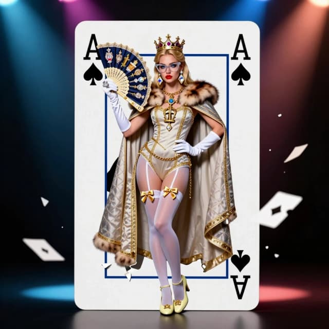 Digital photo with hyper-detailing. A high-quality, high-contrast color fashion photograph with a subtle film grain, reminiscent of glossy magazine shoots in the grunge or indie style. Soft, diffused studio lighting. In the center stands a playing card (reference), with spotlights of different colors shining around. The beams are directed at the center of the card. The card is torn in the middle. The outer contour is completely intact. Pieces of the card are visible flying away from the tear. A light magical haze. In the tear, in front of the card, stands a gorgeous girl. The card is larger than the girl. She is a blonde of model appearance with a 90-60-90 figure. Her hair is styled, and she is wearing a royal crown. A proud, noble facial expression, blue eyes. Plump red lips, correct eye shape, bright evening makeup. A beauty mark above her upper lip. Detailed facial rendering. Fashionable semi-transparent glasses in a cat-eye frame. In her ears are shiny gold earrings in the shape of faceted diamonds with facets reflecting the light. On her shoulders is a cape made of very expensive, light, finely stitched fabric with gold thread and a large sable collar. A thin gold chain at her waist. A gold necklace with a royal scepter pendant around her neck. On her legs are thin white stockings with bows in the front with a golden sheen. Below are gorgeous light yellow shoes with a royal monogram. Her legs are in dynamic motion. Her entire figure is slightly tilted forward. Her hands are in long white gloves with sable trim. Expensive diamond rings. In her hand is an expensive fan, decorated with embroidery and a royal monogram. The girl holds the fan open over her shoulder. Her second hand is on her hip. Her elbow is slightly extended to the side. A pose of pride and defiance. The queen emerges to the people. Beauty, grace.